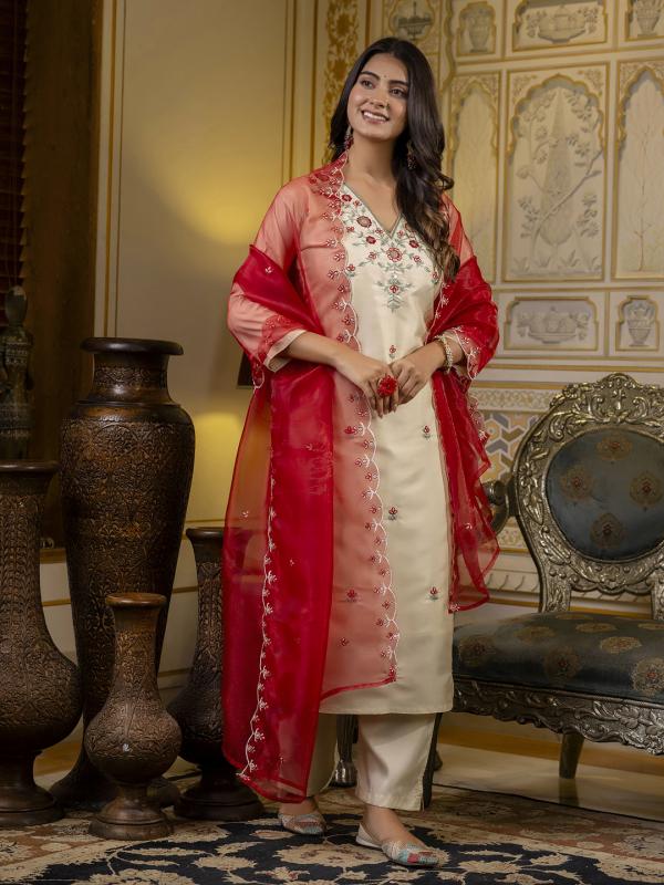 VP 9657 Embroidered Silk Blend Calf Length Straight Kurta Set